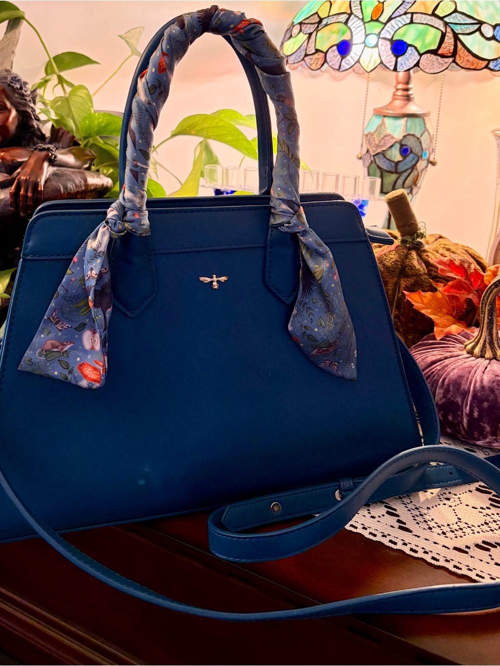 Fable England Teal Blue Satchel with Scarf-Wrapped Handles